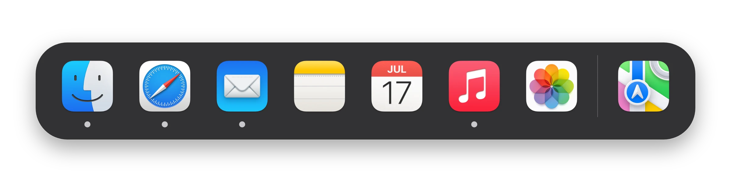 The Dock with a small dot under the icons of open apps.