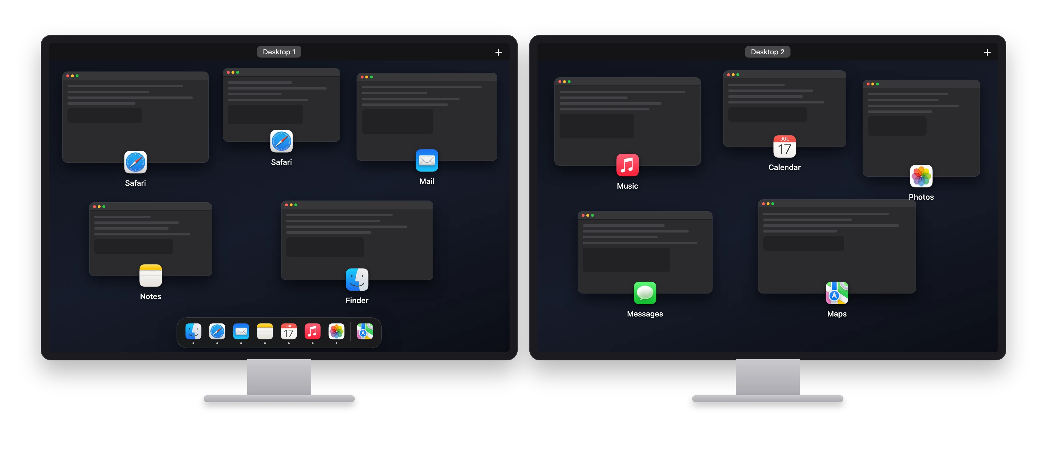 Mission Control on two displays. Each display shows its own windows with the app name under each one.