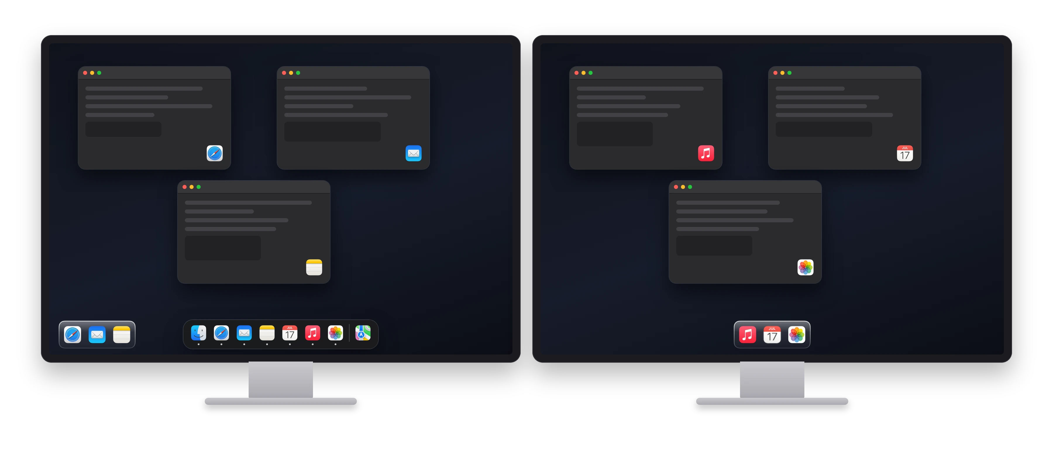 Two screens. Each has a Dockaroo dock with the apps that have windows on that screen. The Mac Dock is on the left screen.